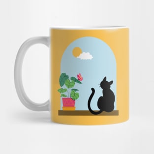 Minimalistic Illustration of Cat Sitting Boho Aesthetic Mug